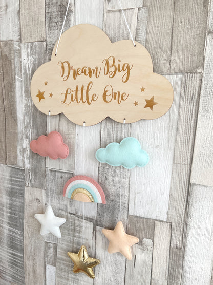 Dream Big Little One Cloud Wall Mobile - Boho Rainbow, Clouds & Hearts