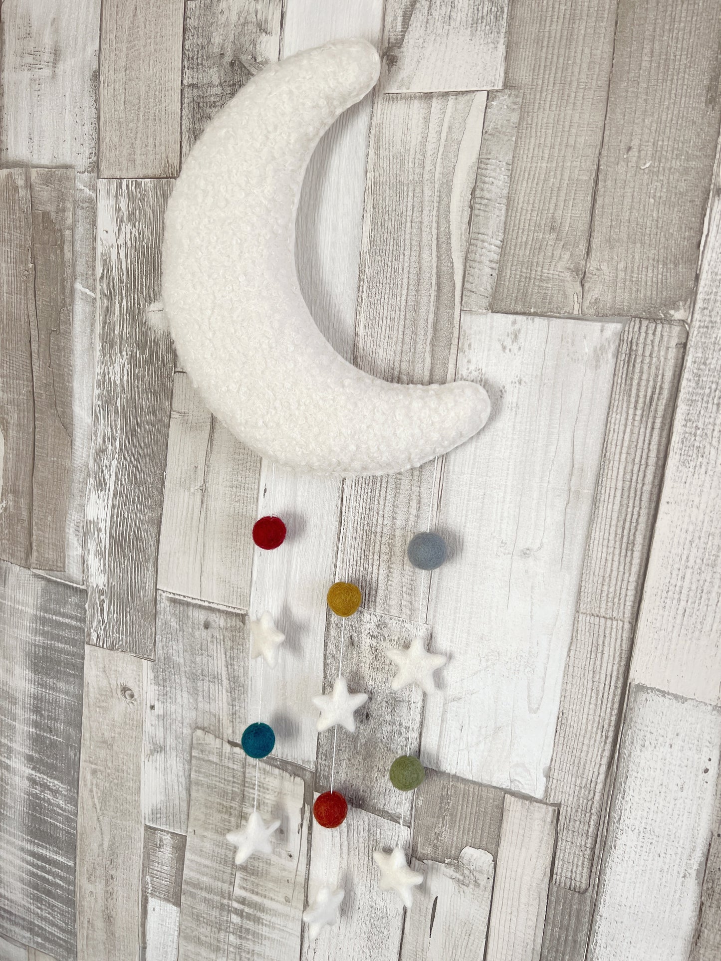 Ivory Bouclé & Rustic Felt Balls & Stars Moon Wall Mobile - READY TO POST