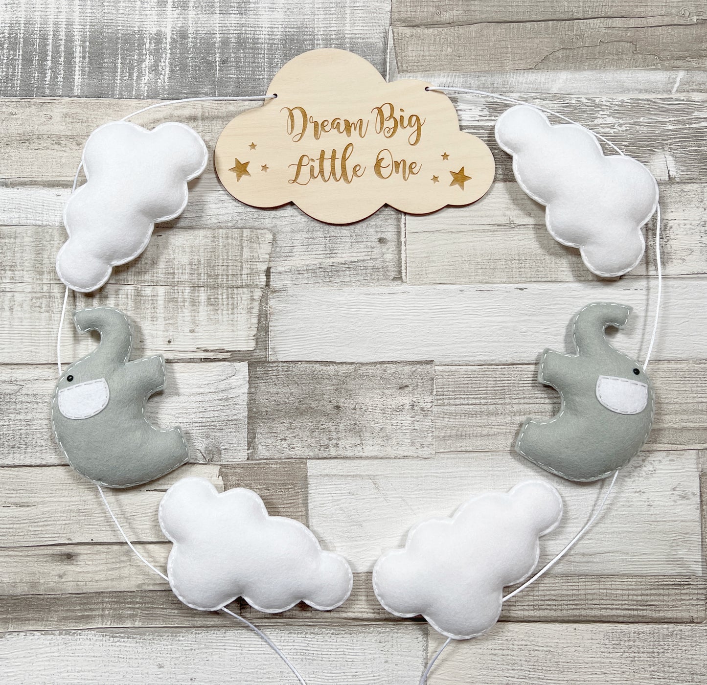 Dream Big Little One Clouds & Elephants Bunting - Grey & White