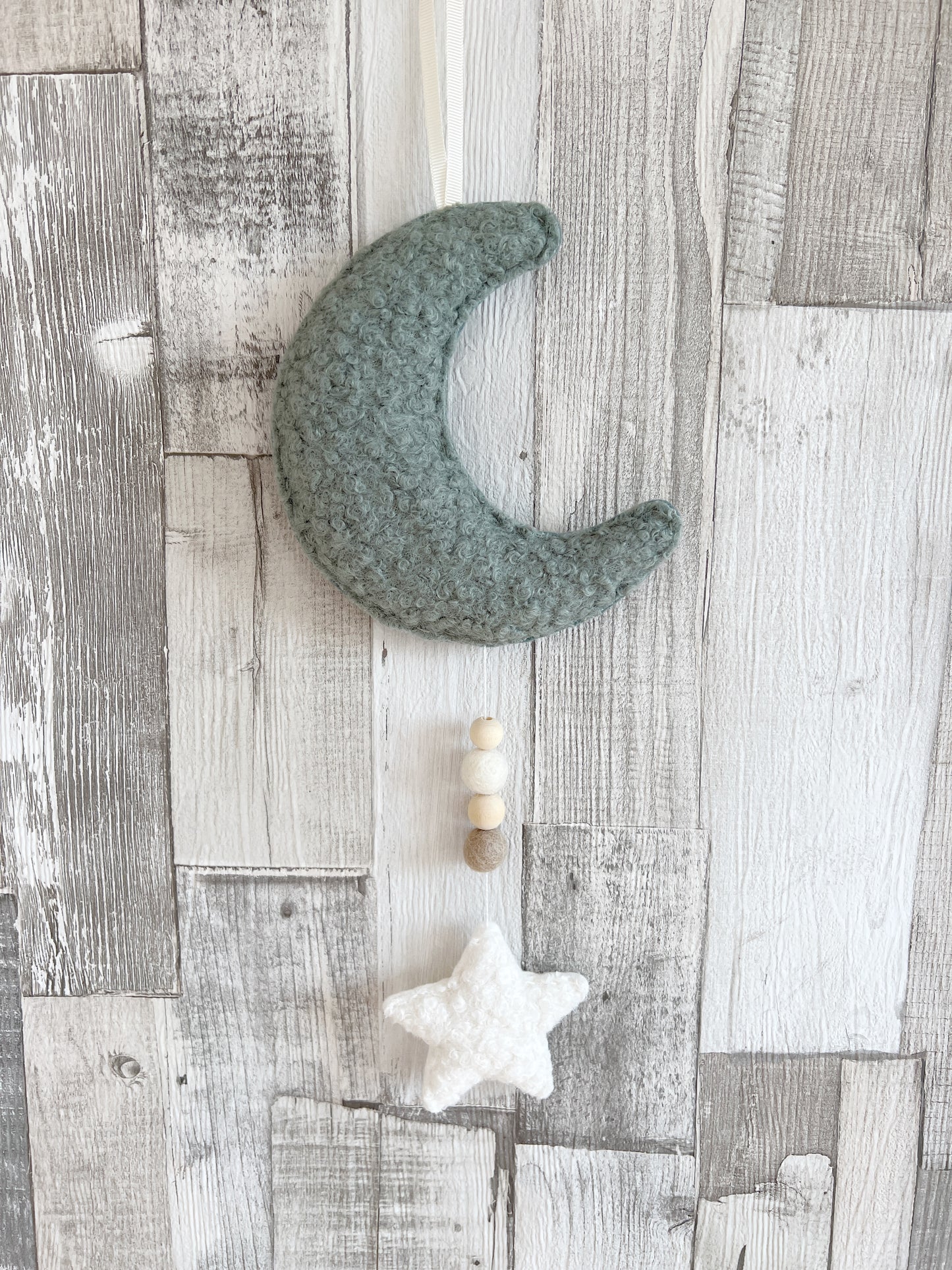 Mini Bouclé Moon & Star Hanging Decoration - Light Sage & Ivory