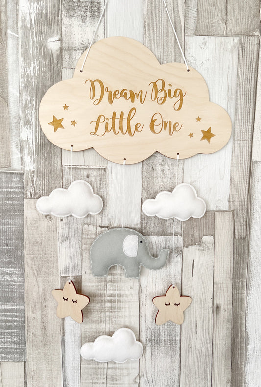 Dream Big Little One Cloud Wall Mobile - Elephant, Clouds & Sleepy Stars