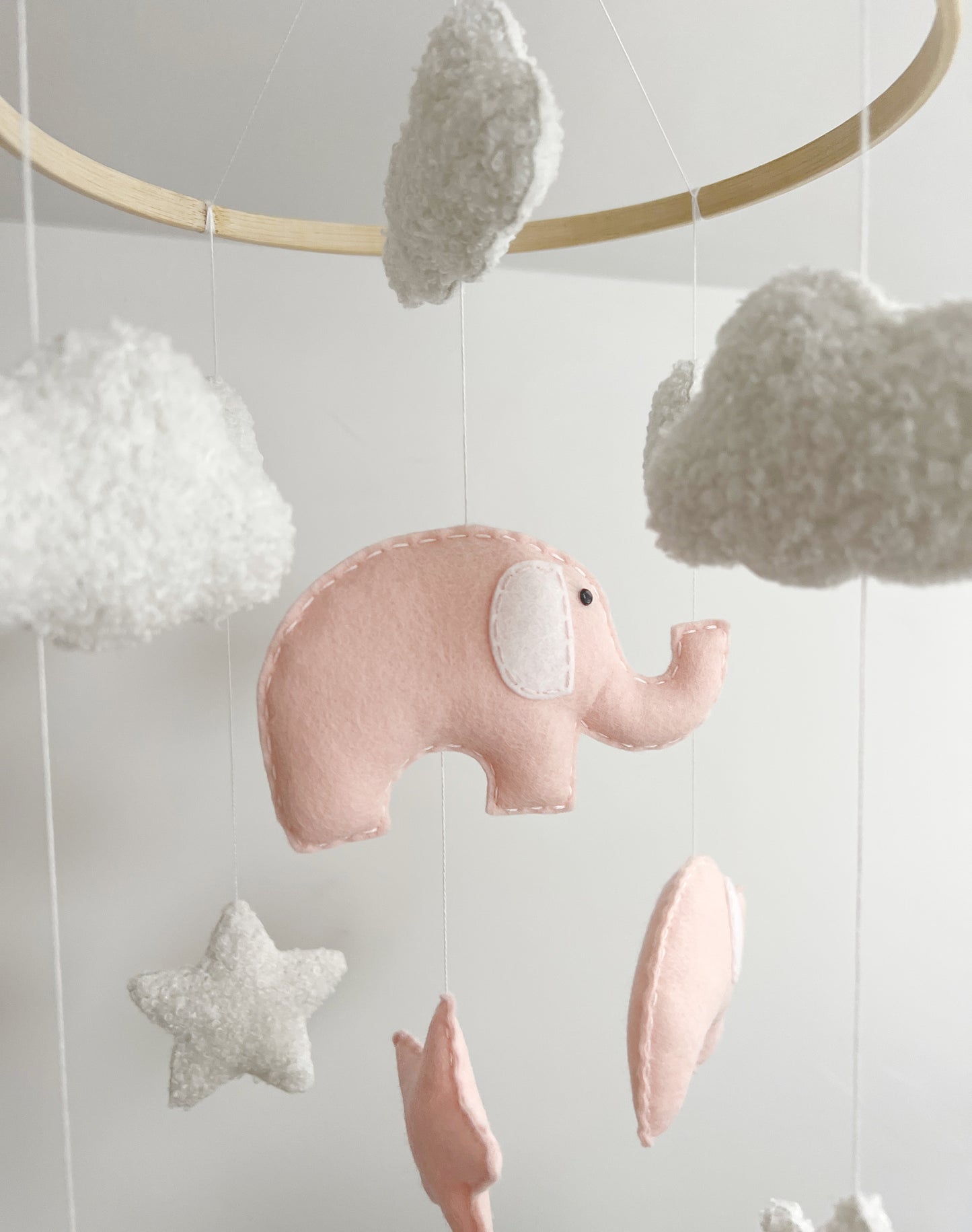 Elephants, Clouds & Stars Cot Mobile - Blush Pink & White Bouclé