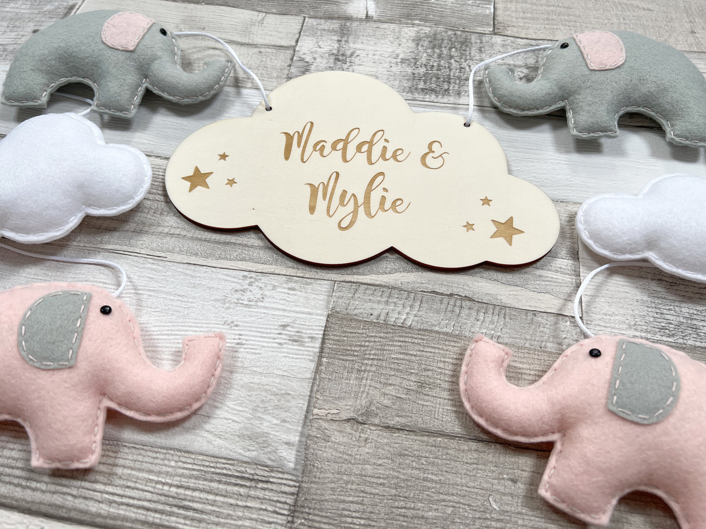Personalised Engraved Cloud with Elephants & Clouds Bunting