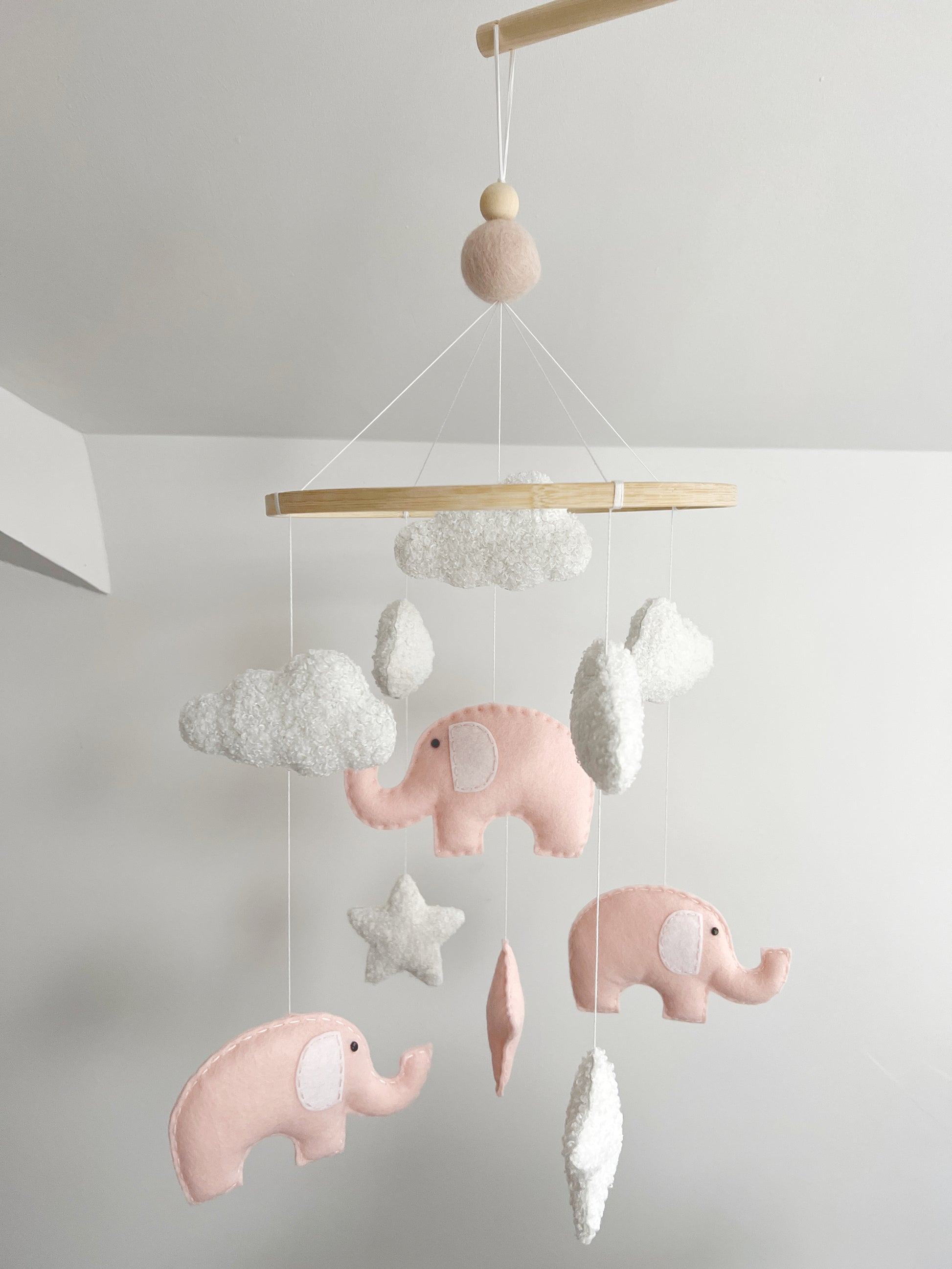 Elephants, Clouds Stars Cot Mobile Blush Pink White Bouclé