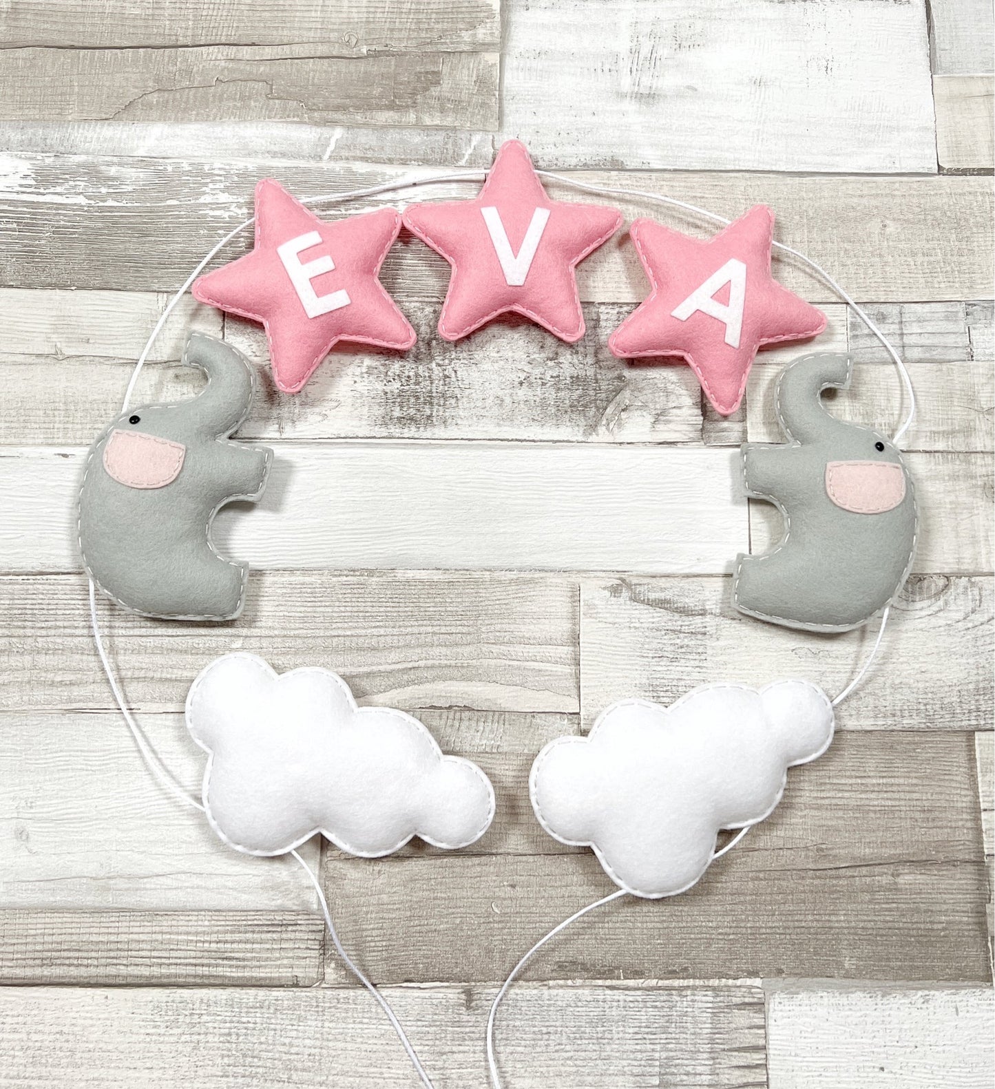 Personalised Stars with Elephants & Clouds Bunting - Baby Pink & Grey