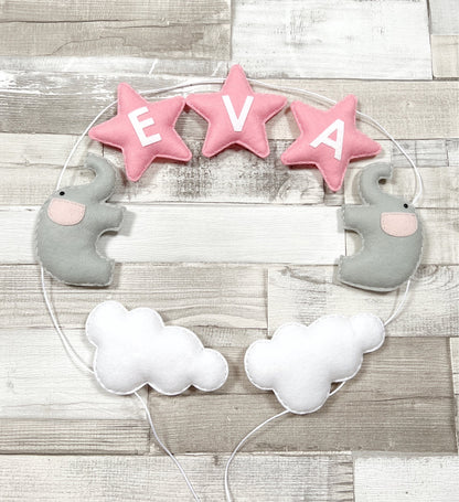 Personalised Stars with Elephants & Clouds Bunting - Baby Pink & Grey
