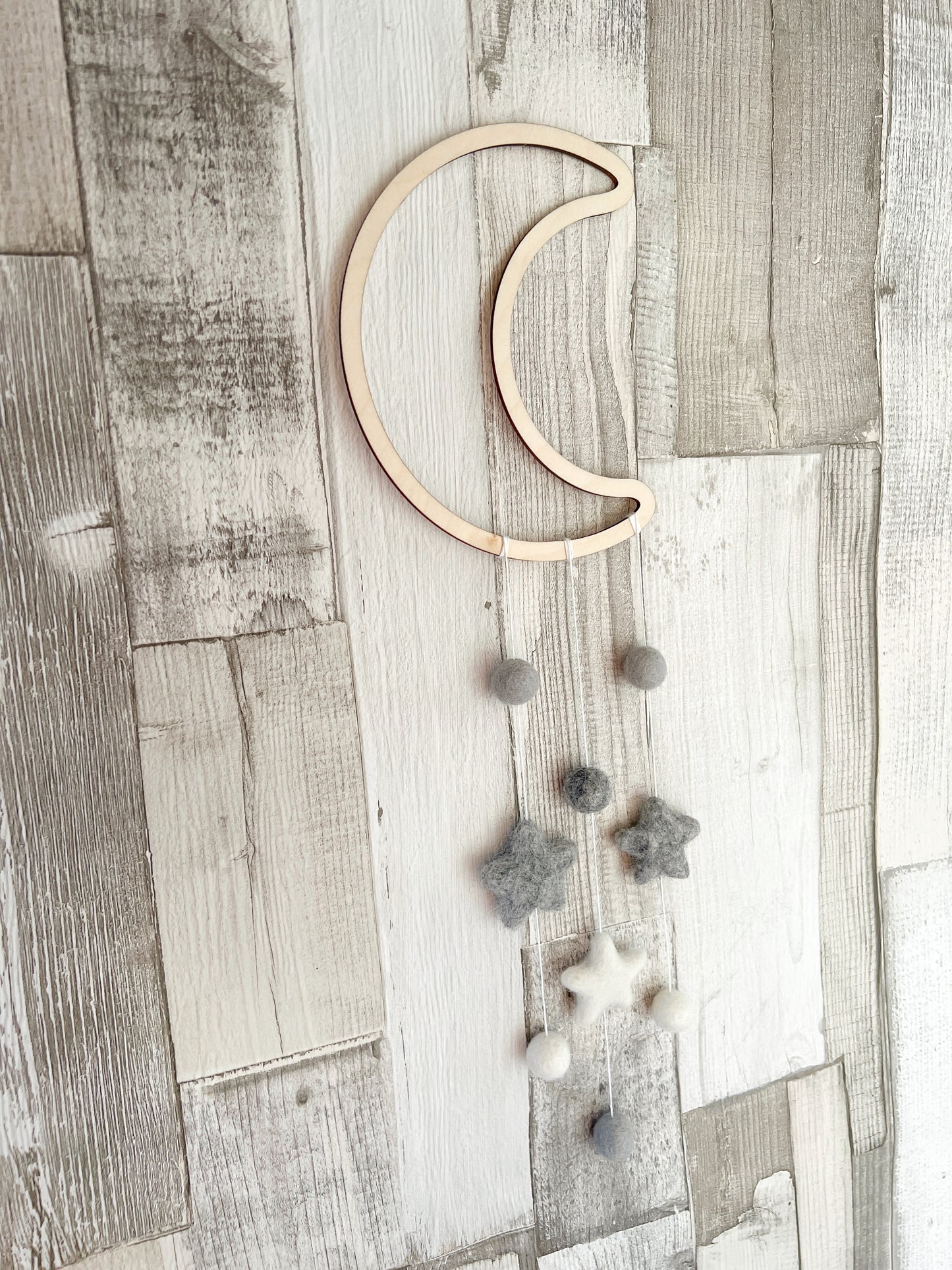 Wooden Moon & Felt Balls Wall Mobile