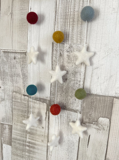 Ivory Bouclé & Rustic Felt Balls & Stars Moon Wall Mobile - READY TO POST