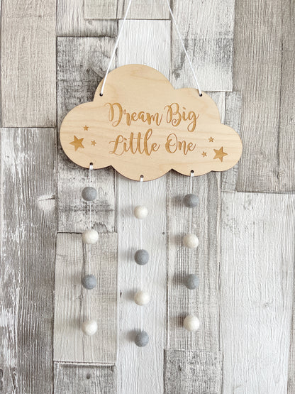 Dream Big Little One Mini Felt Ball Wall Mobile - Light Grey & Ivory