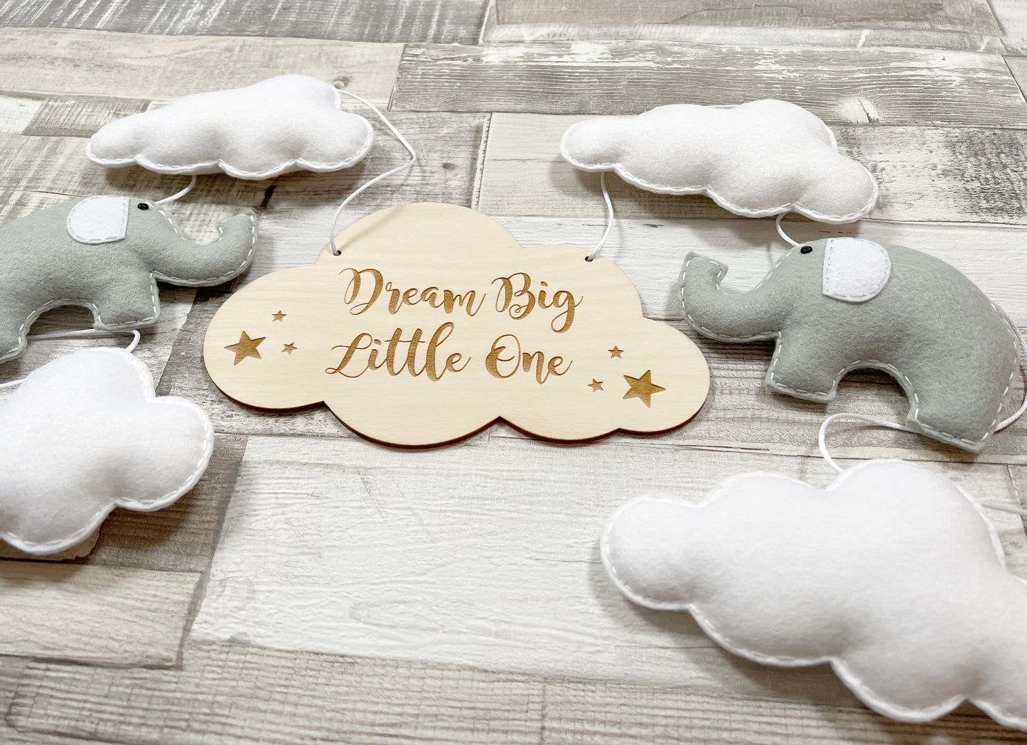 Dream Big Little One Clouds & Elephants Bunting - Grey & White