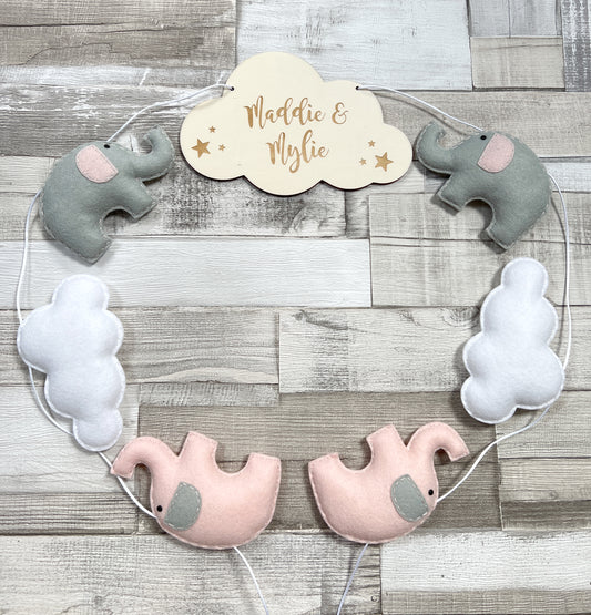 Personalised Engraved Cloud with Elephants & Clouds Bunting