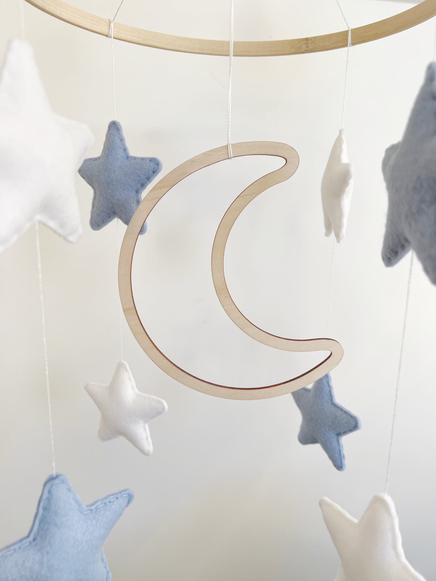 Wooden Moon with Blue & White Stars Cot Mobile
