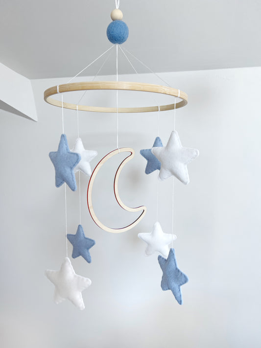 Wooden Moon with Blue & White Stars Cot Mobile