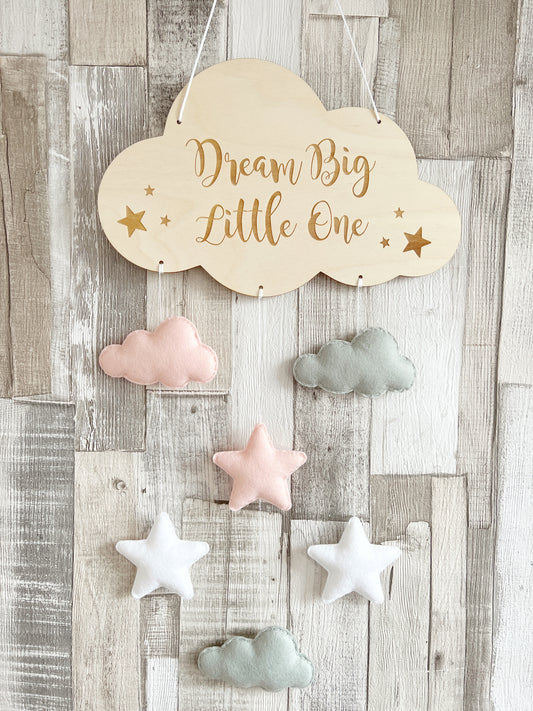 Dream Big Little One Cloud Wall Mobile - Blush, White & Grey Clouds & Stars Mix