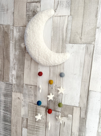 Ivory Bouclé & Rustic Felt Balls & Stars Moon Wall Mobile - READY TO POST