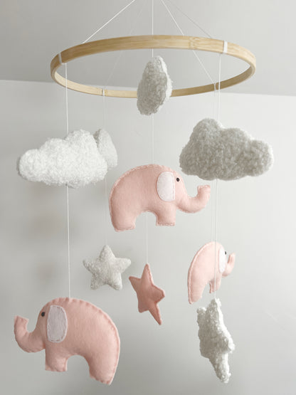 Elephants, Clouds & Stars Cot Mobile - Blush Pink & White Bouclé