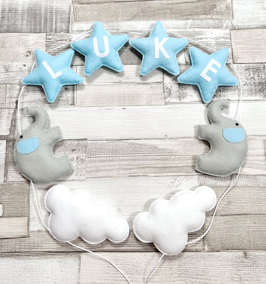 Personalised Stars with Elephants & Clouds Bunting - Baby Blue & Grey