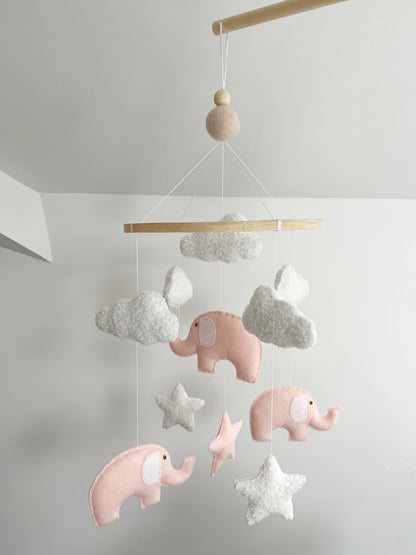 Elephants, Clouds & Stars Cot Mobile - Blush Pink & White Bouclé