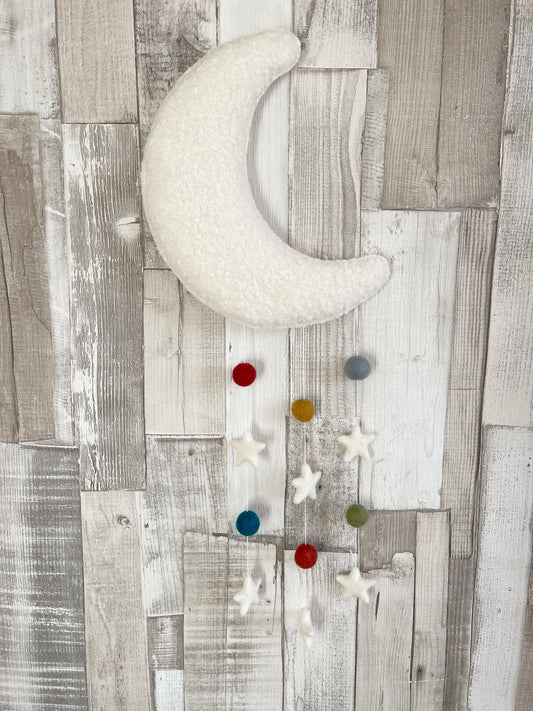 Ivory Bouclé & Rustic Felt Balls & Stars Moon Wall Mobile