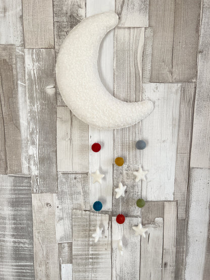 Ivory Bouclé & Rustic Felt Balls & Stars Moon Wall Mobile - READY TO POST