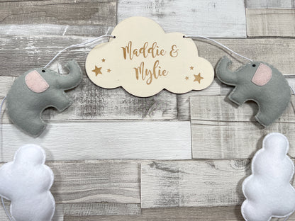 Personalised Engraved Cloud with Elephants & Clouds Bunting